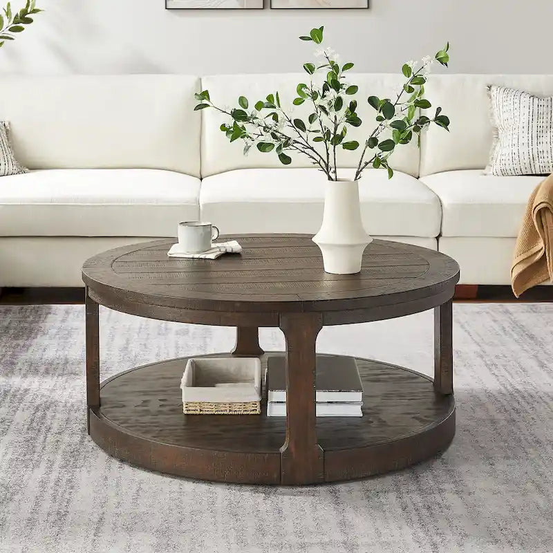 40 inch Large Curved 2 Tier Traditional Round Circle Wooden Center Coffee Table,Mid Century Vintage Design Rounded Wooden Table