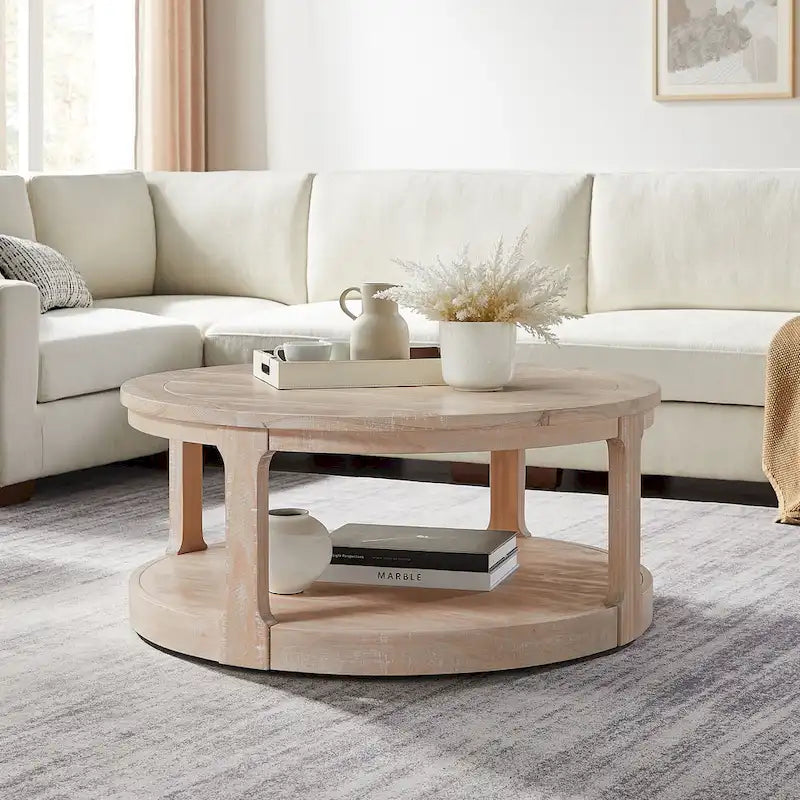 40 inch Large Curved 2 Tier Traditional Round Circle Wooden Center Coffee Table,Mid Century Vintage Design Rounded Wooden Table