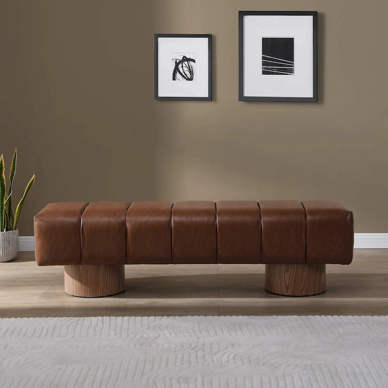 Upholstered Dining Bench, No-Assembly Entryway & Bedroom Ottoman with Sturdy Wood Legs