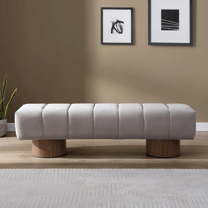 Upholstered Dining Bench, No-Assembly Entryway & Bedroom Ottoman with Sturdy Wood Legs