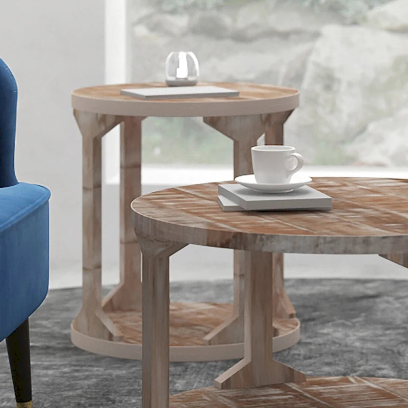 Two Tier Handmade Round End Table - 22 - Beige