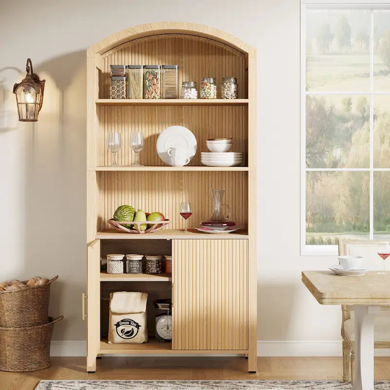 71 Tall Arched Kitchen Pantry Cabinet with Doors - Natural Wood