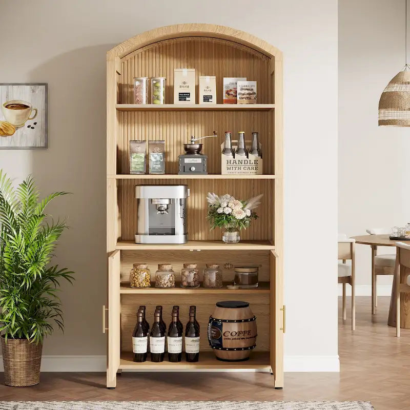 71 Tall Arched Kitchen Pantry Cabinet with Doors - Natural Wood