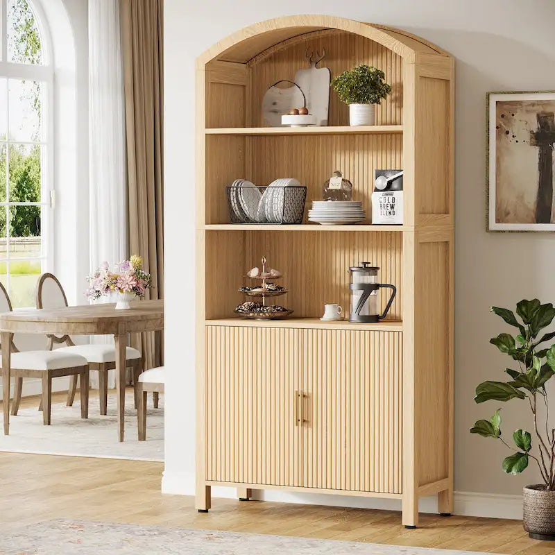 71 Tall Arched Kitchen Pantry Cabinet with Doors - Natural Wood