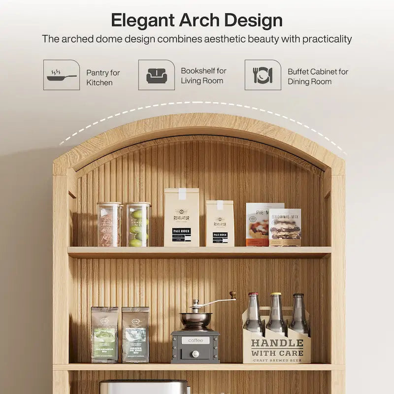 71 Tall Arched Kitchen Pantry Cabinet with Doors - Natural Wood