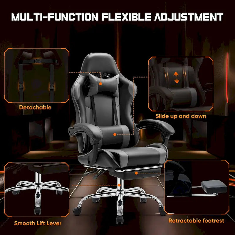 Black+ Gray Ergonomic PU Leather 360 Swivel Gaming Recliner with Footrest, Headrest, Lumbar Support, Adjustable Height