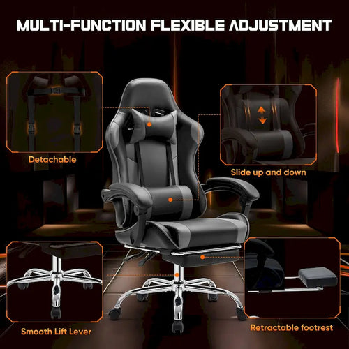 Reclinabile da gaming in pelle PU ergonomica nera e grigia con girevole a 360°, poggiapiedi, poggiatesta, supporto lombare e altezza regolabile