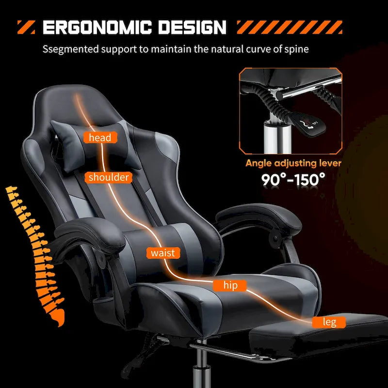 Black+ Gray Ergonomic PU Leather 360 Swivel Gaming Recliner with Footrest, Headrest, Lumbar Support, Adjustable Height