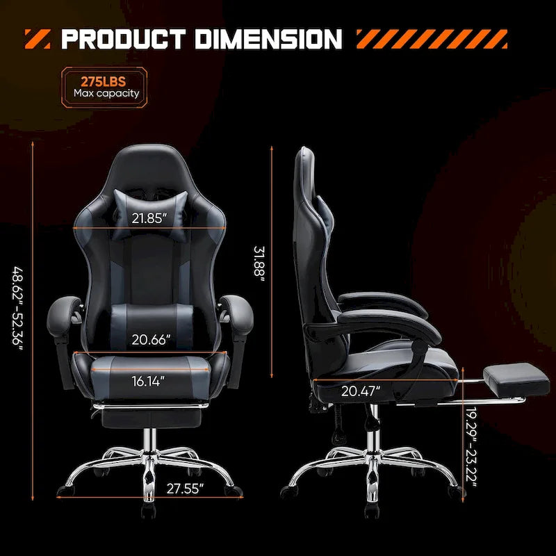 Black+ Gray Ergonomic PU Leather 360 Swivel Gaming Recliner with Footrest, Headrest, Lumbar Support, Adjustable Height