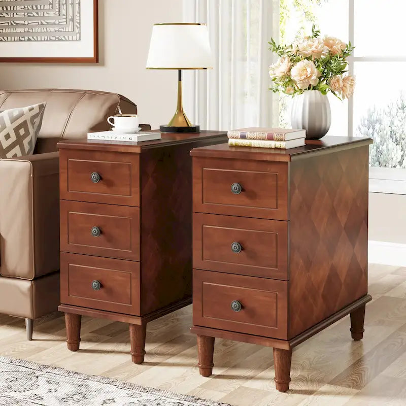 Wood End Table, Fully Assembled Narrow Side Table with 3 Drawers