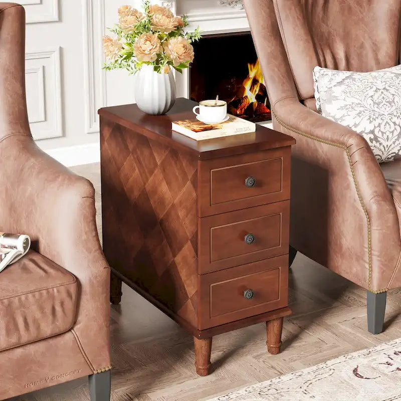 Wood End Table, Fully Assembled Narrow Side Table with 3 Drawers