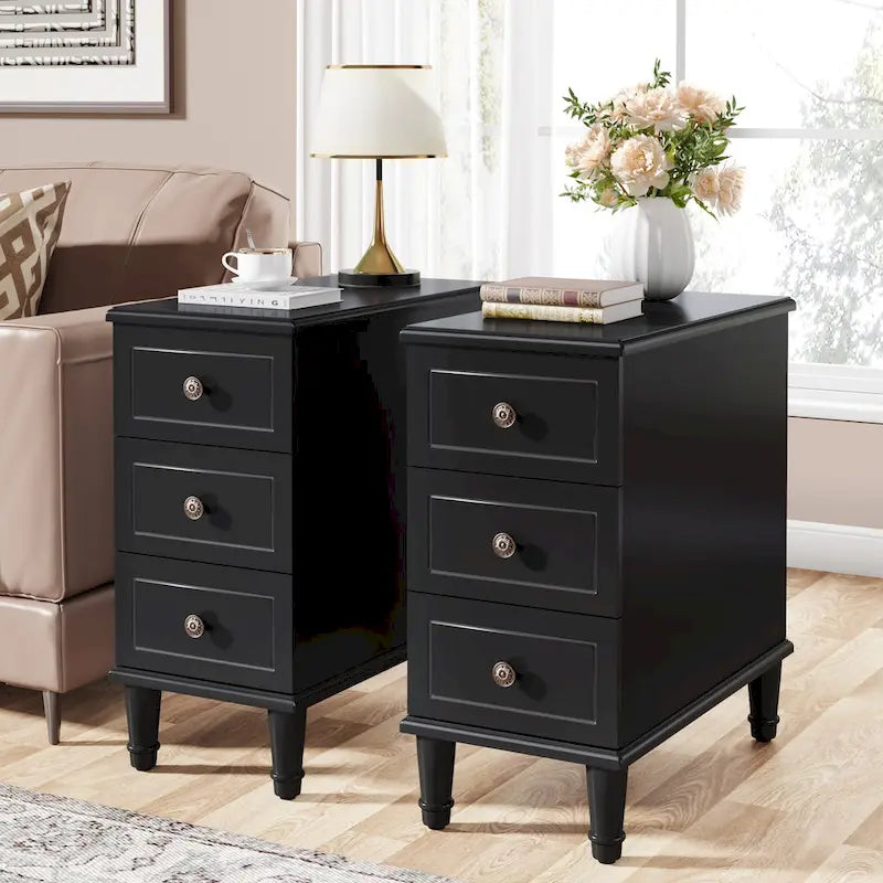 Wood End Table, Fully Assembled Narrow Side Table with 3 Drawers