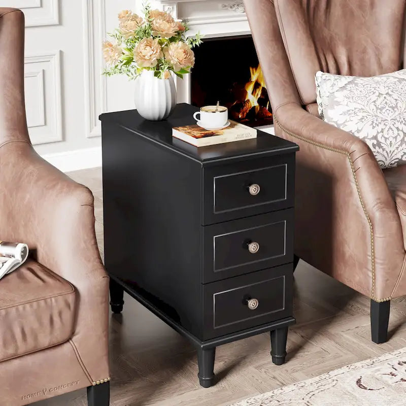 Wood End Table, Fully Assembled Narrow Side Table with 3 Drawers