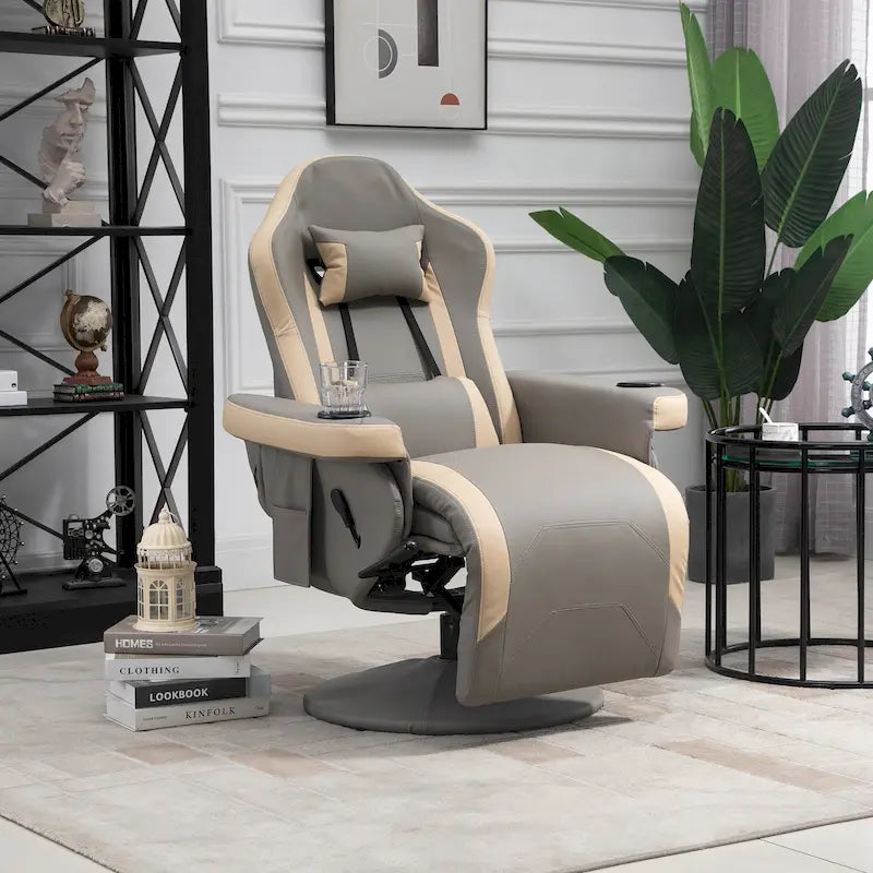Manual Recliner Armchair PU Leather Lounge Chair w/ Adjustable Leg Rest, 135 Reclining Function, 360 Swivel, Cup Holder