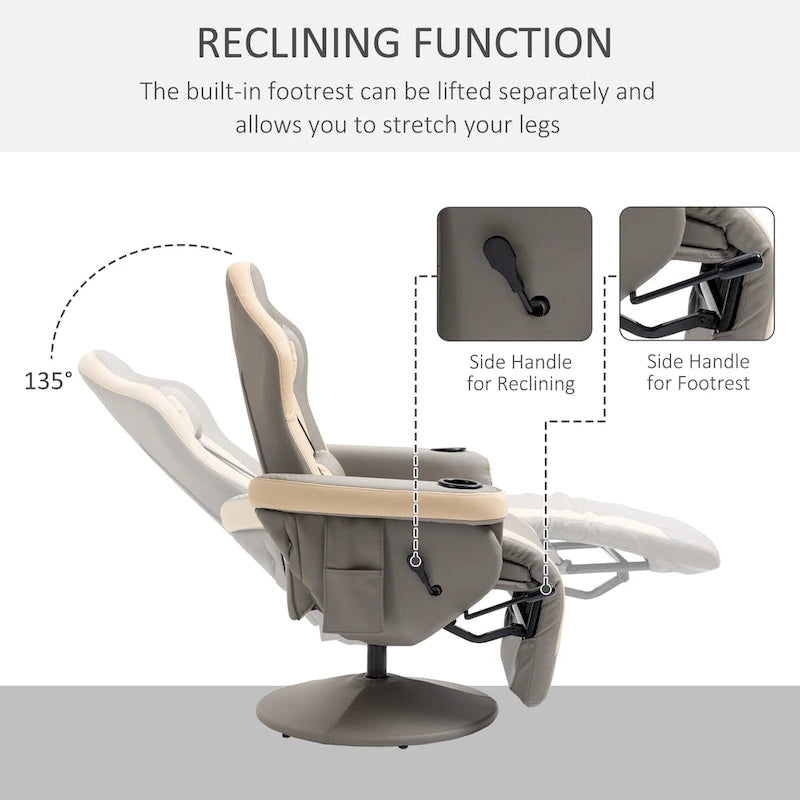 Manual Recliner Armchair PU Leather Lounge Chair w/ Adjustable Leg Rest, 135 Reclining Function, 360 Swivel, Cup Holder