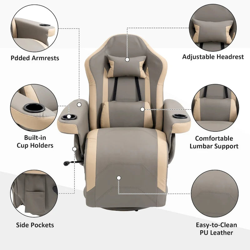 Manual Recliner Armchair PU Leather Lounge Chair w/ Adjustable Leg Rest, 135 Reclining Function, 360 Swivel, Cup Holder