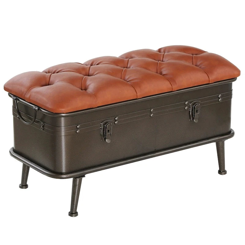 Tan Tufted Faux Leather and Distressed Metal 17-inch High Storage Bench