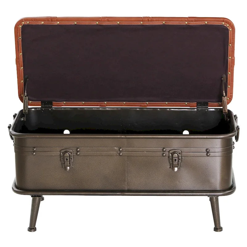Tan Tufted Faux Leather and Distressed Metal 17-inch High Storage Bench