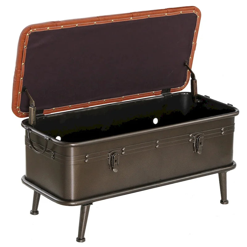 Tan Tufted Faux Leather and Distressed Metal 17-inch High Storage Bench