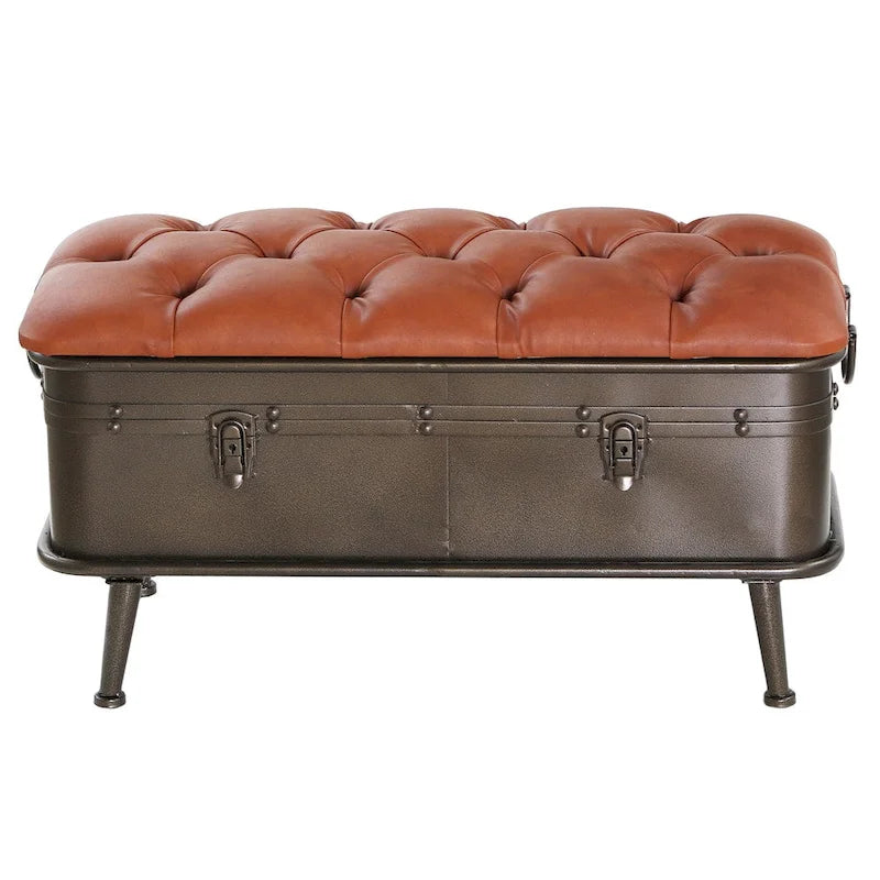 Tan Tufted Faux Leather and Distressed Metal 17-inch High Storage Bench