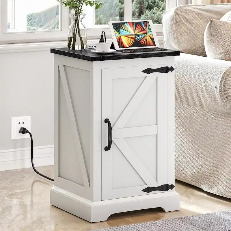 Farmhouse End Table with Charging Station, End Table with Power Outlets and USB Ports