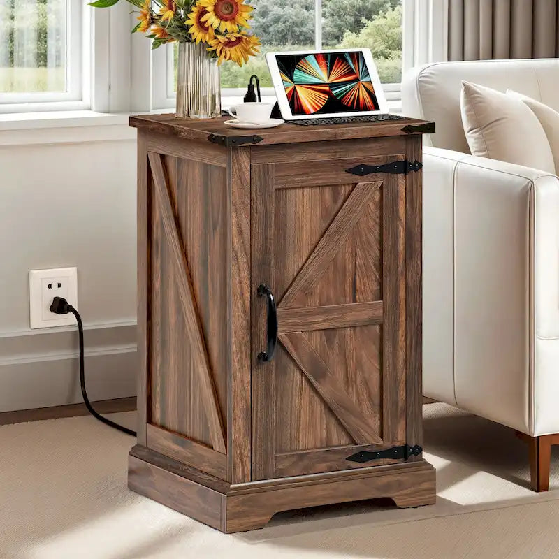 Farmhouse End Table with Charging Station, End Table with Power Outlets and USB Ports