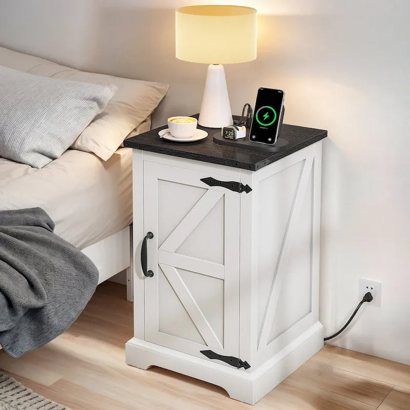 Farmhouse End Table with Charging Station, End Table with Power Outlets and USB Ports