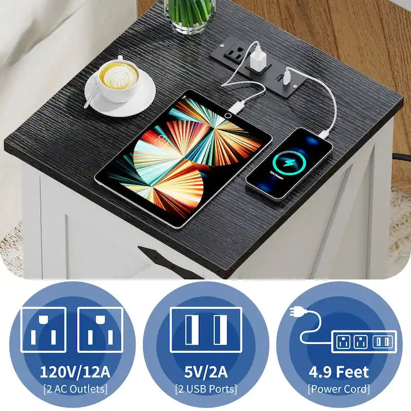 Farmhouse End Table with Charging Station, End Table with Power Outlets and USB Ports