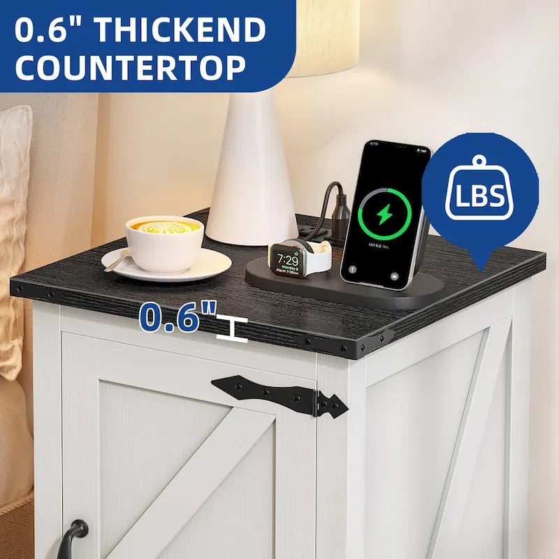 Farmhouse End Table with Charging Station, End Table with Power Outlets and USB Ports