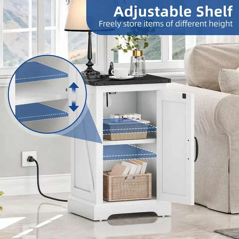 Farmhouse End Table with Charging Station, End Table with Power Outlets and USB Ports