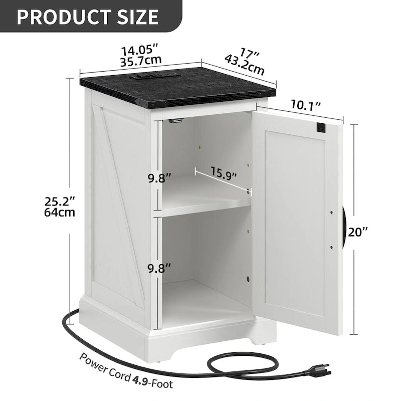 Farmhouse End Table with Charging Station, End Table with Power Outlets and USB Ports