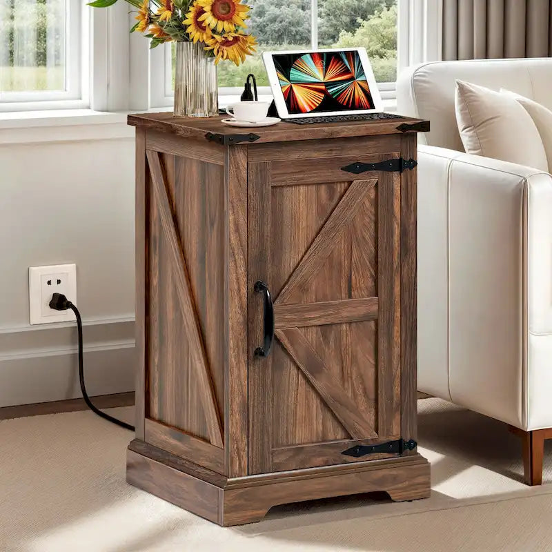 Farmhouse End Table with Charging Station, End Table with Power Outlets and USB Ports
