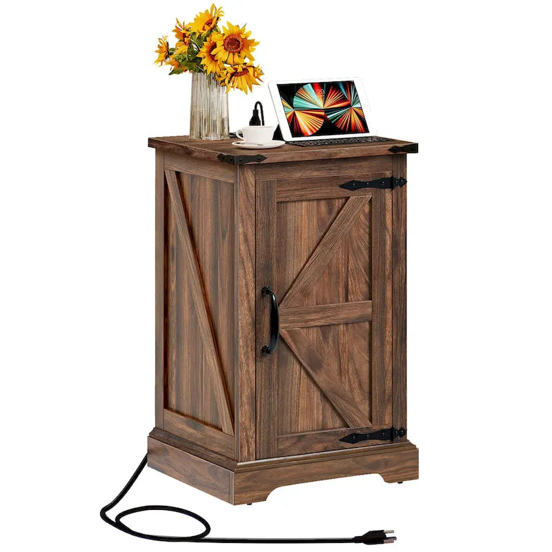 Farmhouse End Table with Charging Station, End Table with Power Outlets and USB Ports