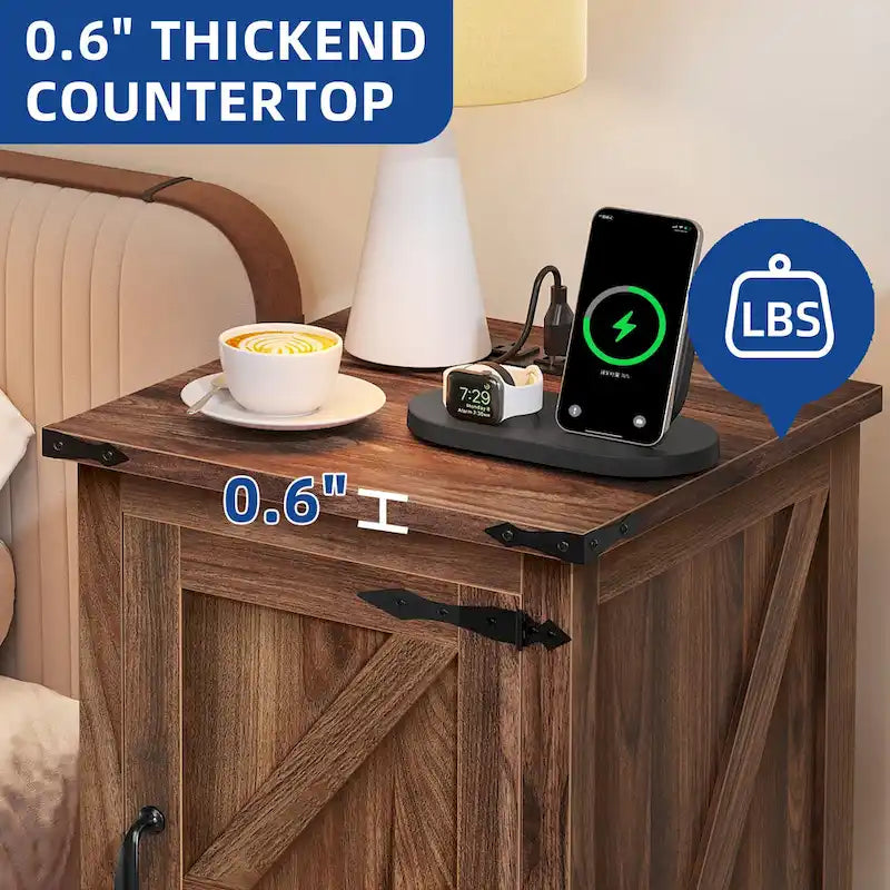 Farmhouse End Table with Charging Station, End Table with Power Outlets and USB Ports
