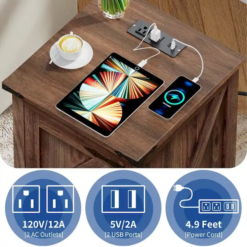 Farmhouse End Table with Charging Station, End Table with Power Outlets and USB Ports