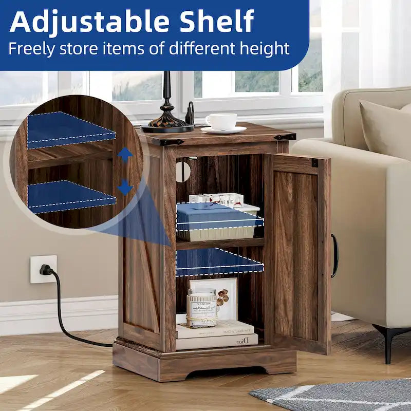 Farmhouse End Table with Charging Station, End Table with Power Outlets and USB Ports