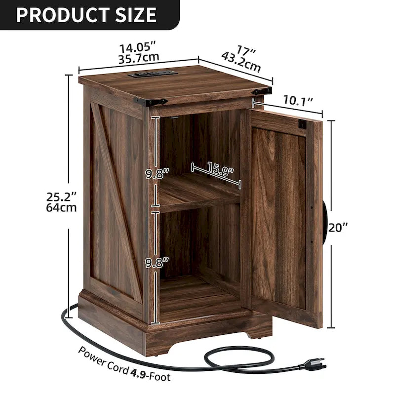 Farmhouse End Table with Charging Station, End Table with Power Outlets and USB Ports