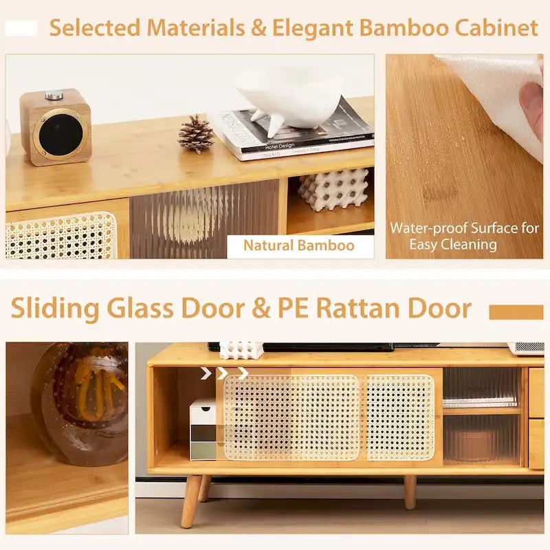 Bamboo TV Stand Console Table with PE Rattan Door & 2 Drawers