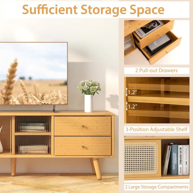 Bamboo TV Stand Console Table with PE Rattan Door & 2 Drawers