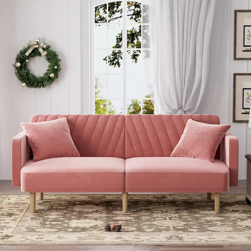 Upholstered Tufted Convertible Futon Sofa Bed, Velvet Sleeper Couch, 3 Seater Tufted Sofa with Adjustable Backrests