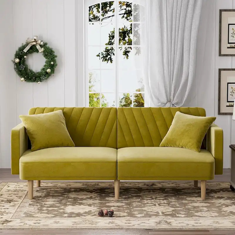 Upholstered Tufted Convertible Futon Sofa Bed, Velvet Sleeper Couch, 3 Seater Tufted Sofa with Adjustable Backrests