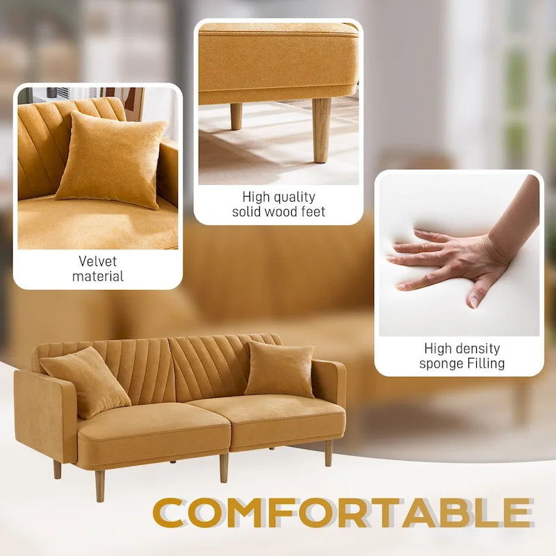 Upholstered Tufted Convertible Futon Sofa Bed, Velvet Sleeper Couch, 3 Seater Tufted Sofa with Adjustable Backrests