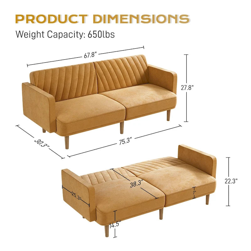 Upholstered Tufted Convertible Futon Sofa Bed, Velvet Sleeper Couch, 3 Seater Tufted Sofa with Adjustable Backrests