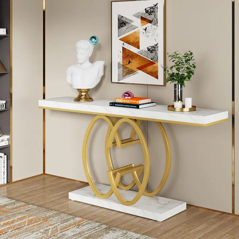 55 Inch Faux Marble Console Table Gold Sofa Table for Entryway