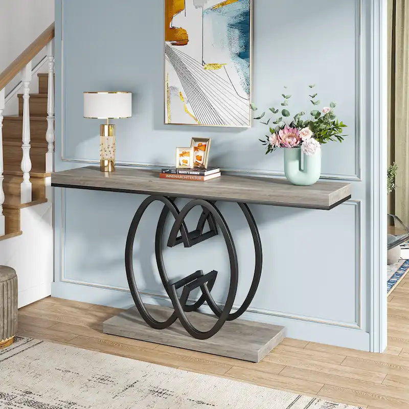 55 Inch Faux Marble Console Table Gold Sofa Table for Entryway