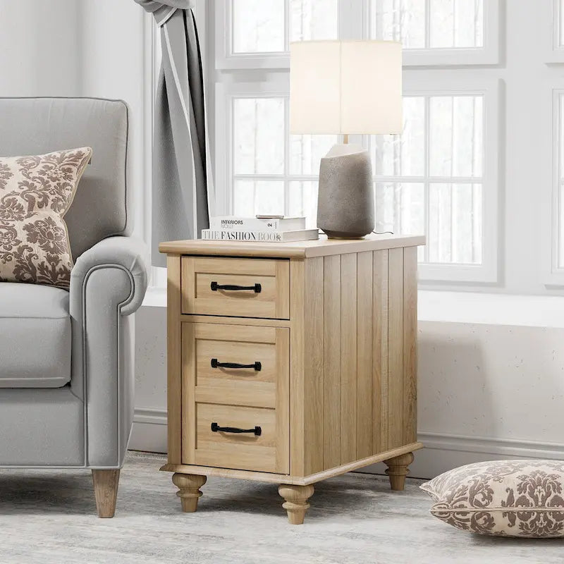 Modern End Table with Charging Station, Sofa Side Table with Storage