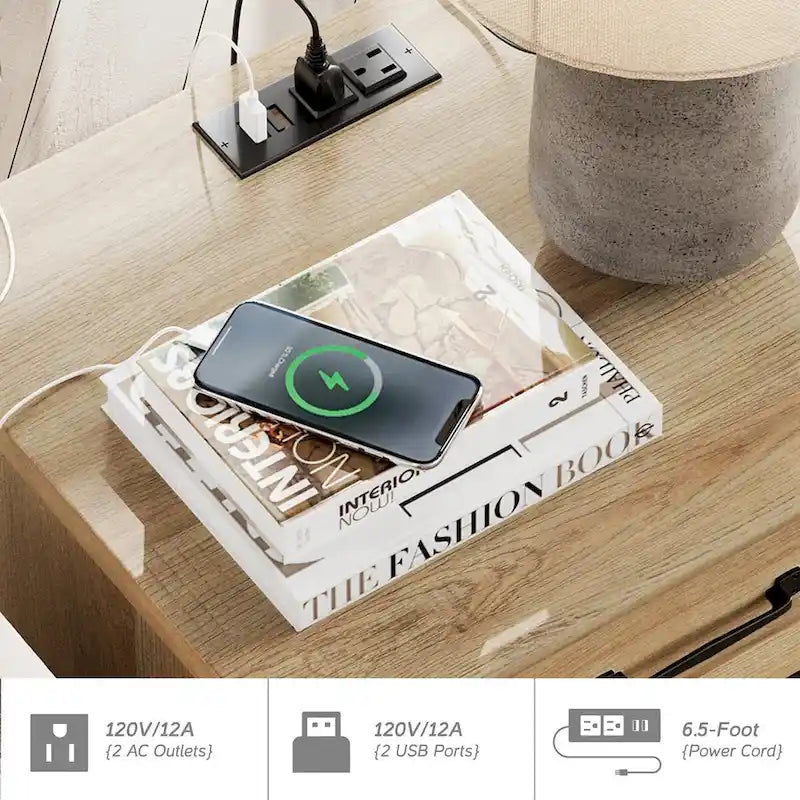 Modern End Table with Charging Station, Sofa Side Table with Storage