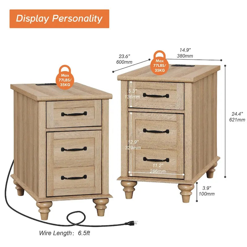 Modern End Table with Charging Station, Sofa Side Table with Storage