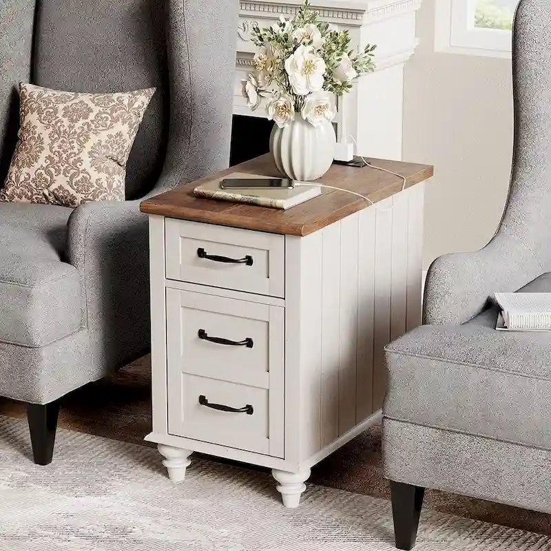 Modern End Table with Charging Station, Sofa Side Table with Storage