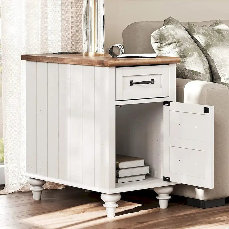 Modern End Table with Charging Station, Sofa Side Table with Storage